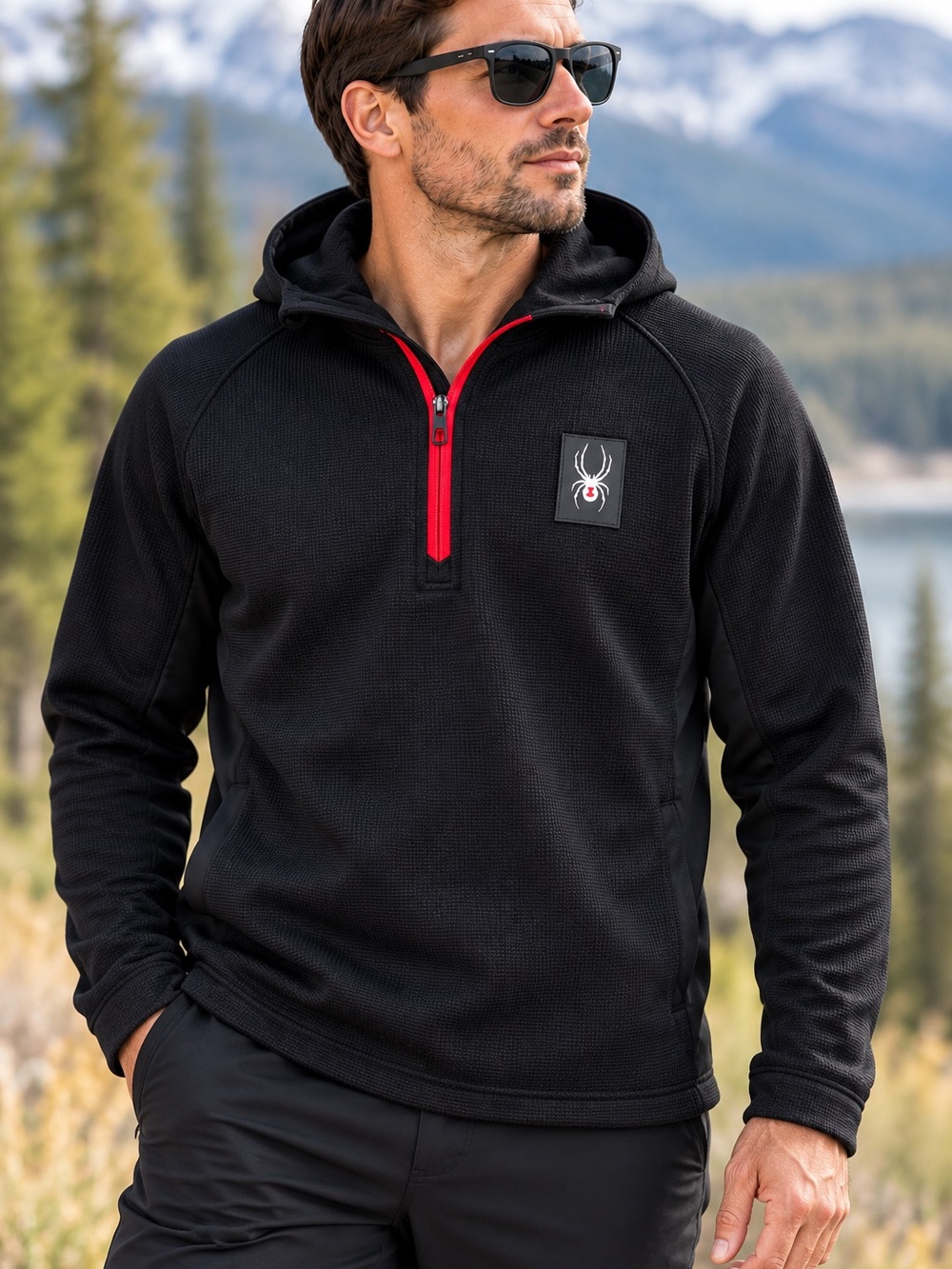 Spyder Men’s Black Hooded Half-Zip Pullover with Red Trim
